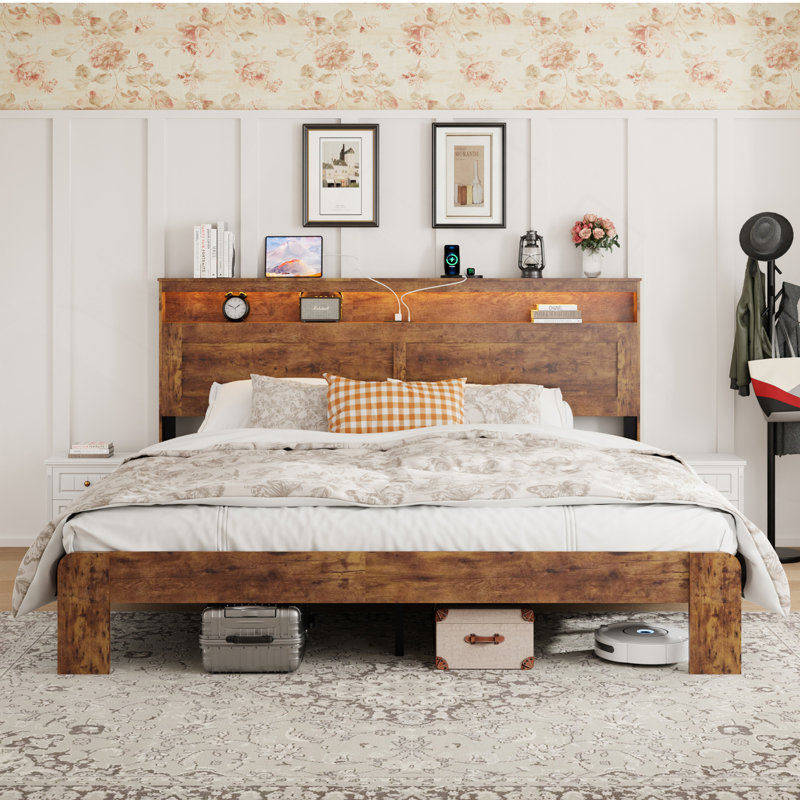 Cadre de lit très grand, cadre de lit plateforme en bois avec tête de lit à DEL avec rangement et 2 ports USB, silencieux, aucun sommier nécessaire et outil d'assemblage facile, grand rangement sous le lit, brun foncé