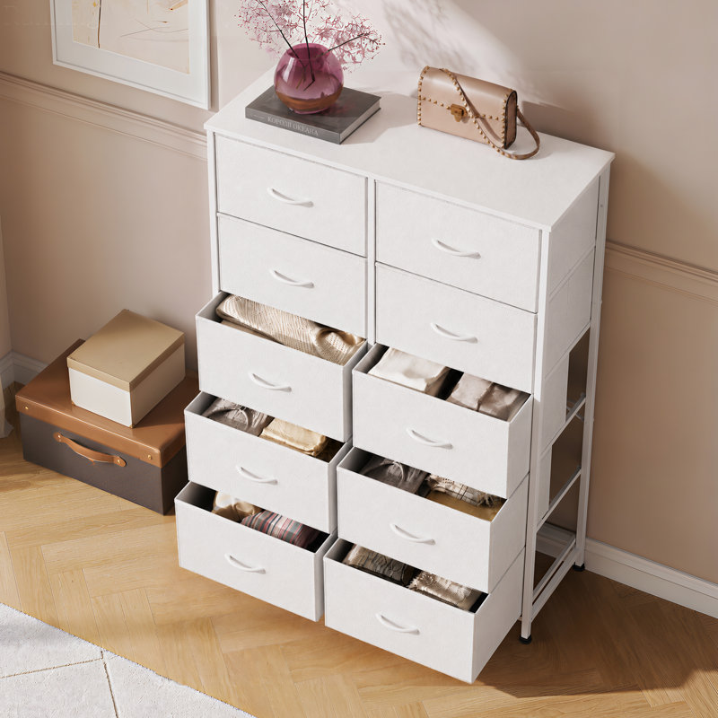 Commode 10 tiroirs pour chambre à coucher Cecilla, commode haute pour rangement avec dessus Woonden, structure robuste, commode double pour le salon, placard, couloir