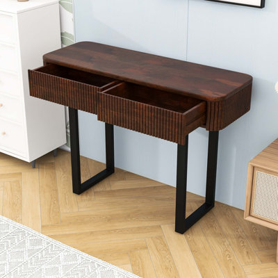 Minimalist Wooden Fluted Design Console Table with Two-Drawer, Metal Legs and Adjustable Feet