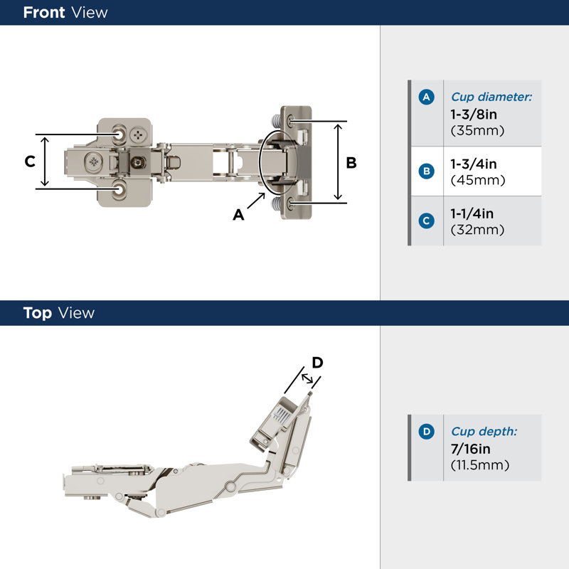 Nickel Full Overlay Frameless 165 Degree Soft Close Cabinet Hinge