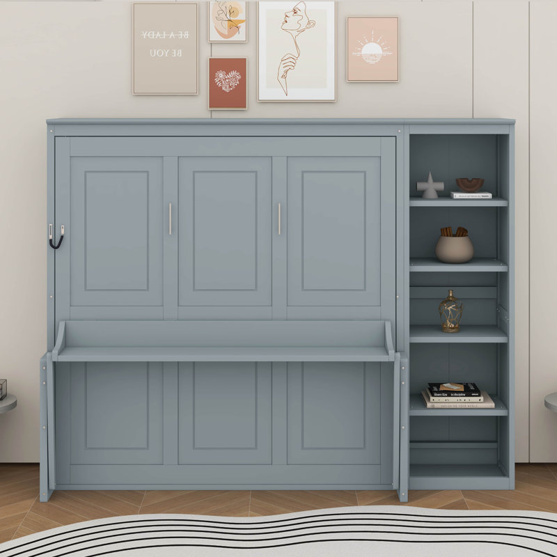 Grand lit escamotable avec bureau et bibliothèque, Gris, Grand lit