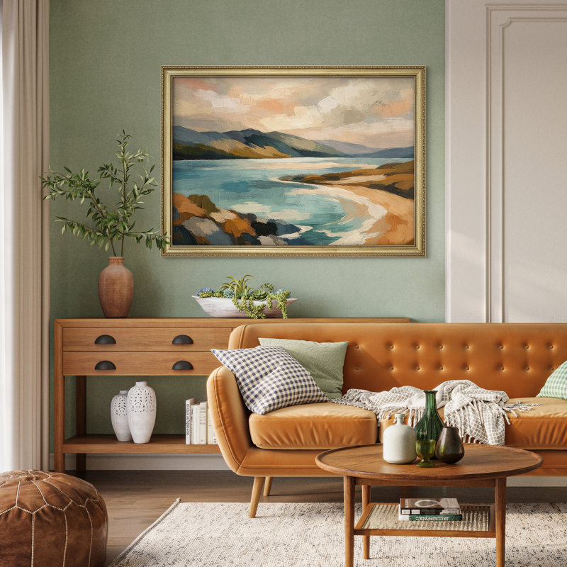 Paysage côtier avec eau bleue et rivage sablonneux pour salon, art mural encadré 26 po x 36 po, H 26 po x l 36 po