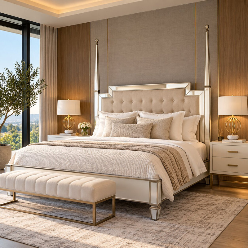 Transitional Mirrored Frame King Size Bed