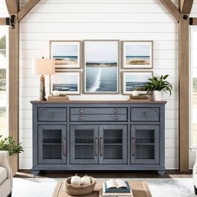 No Assembly Corduroy Blue Server Cabinet, Four Framed Glass Doors, Three Shelves, Drawers, Antique Hardware, Made Of Rubber Solids Buffet Cabinet With Finish, Assembly,