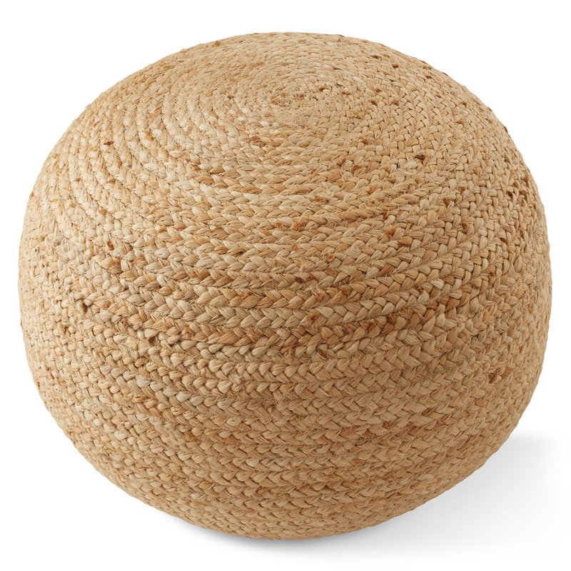 Hand-Braided Natural Jute Pouf Ottoman, 19 Round x 10-1/2 High Woven Footrest, Round