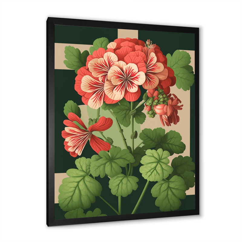 Fleur de géranium en fleurs rétro V - art mural sur toile florale, Impression noire sur toile encadrée, L 12 po x H 20 po