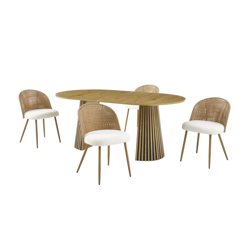 Table de salle à manger rustique en bois massif de style bohémien avec quatre chaises en osier RusticWeave, Marron foncé