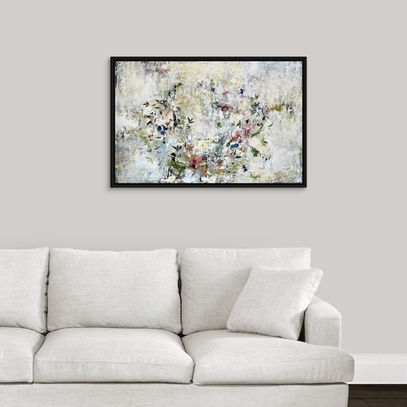 « floral couronne », peinture sur toile, H 25,7 po x l 37,7 po x p 1,75 po, Cadre flottant noir