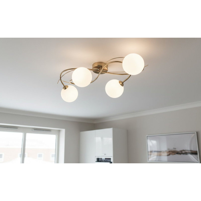 Glass Flush Mount, Opal White, Brushed Brass, 4