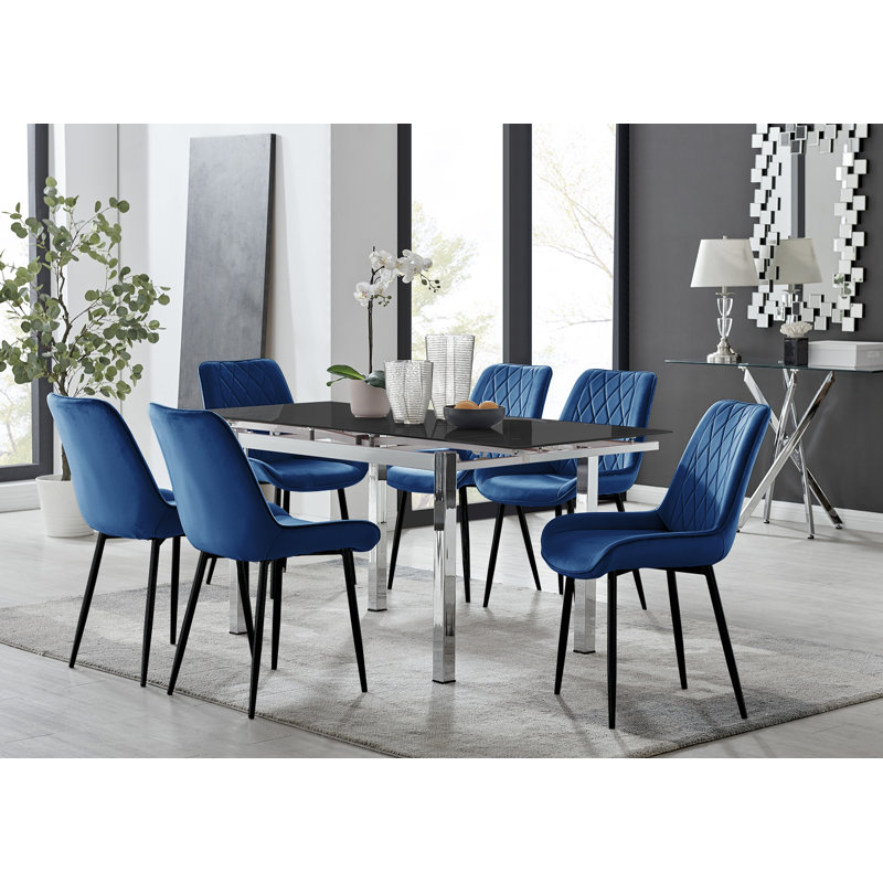 Tierra Modern Glass & Metal Extendable Dining Table Set & 4 Luxury Upholstered Velvet Dining Chairs, Mustard/Silver, Black