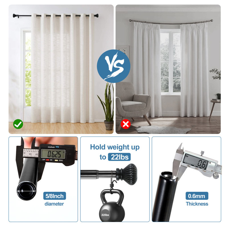 Sigmund Adjustable 0.62'' Double Curtain Rod, Black, 0.625" H x 84" x 0.625" D