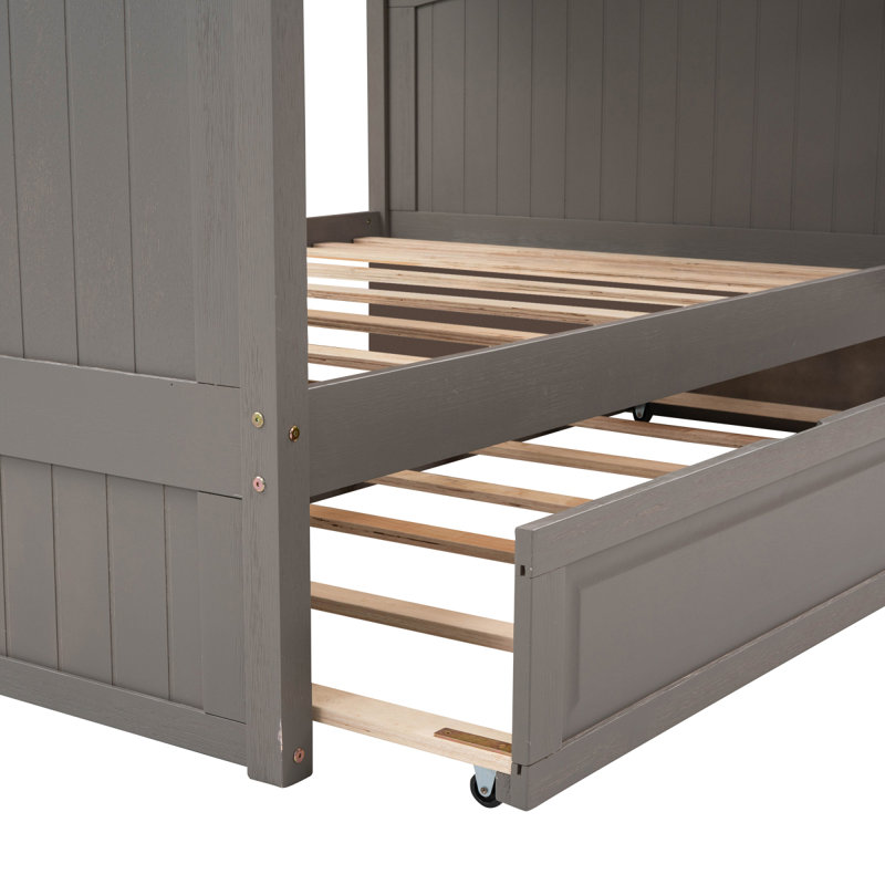 Lit superposé double au-dessus de double avec lit gigogne simple, lit superposé en bois de pin avec garde-corps, gris brossé (ancien SKU: LT000044AAN)