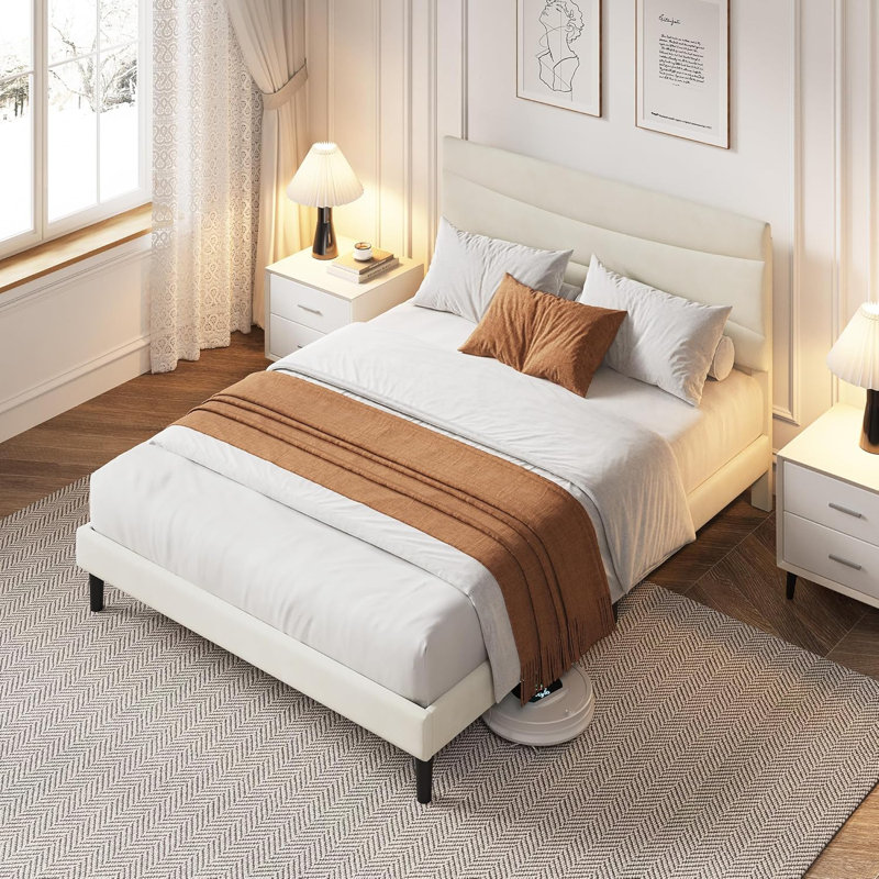 Structure de lit plateforme tapissier avec tête de lit, panneau de fibres à densité moyenne et support à lattes en bois, silencieux, facile à assembler, aucun sommier tapissier, blanc beige, noir, rose, disponible en simple TG, double, grand, très grand