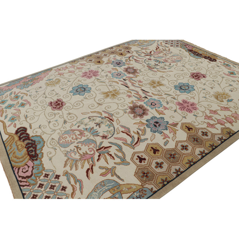 Art Deco Hand Knotted Wool Floral Area Rug, Rectangle 10' x 14'