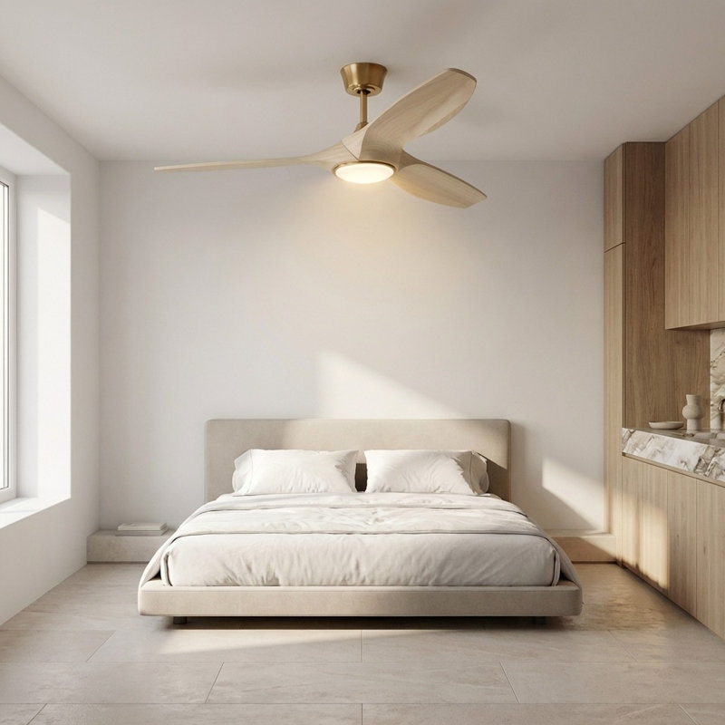 Ventilateur de plafond intelligent Selen, Chêne blanc délavé, 52 po de largeur, Laiton bruni