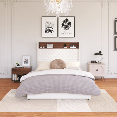 Wood Frame Full Size Platform Bed With USB Port And Headboard Shelf