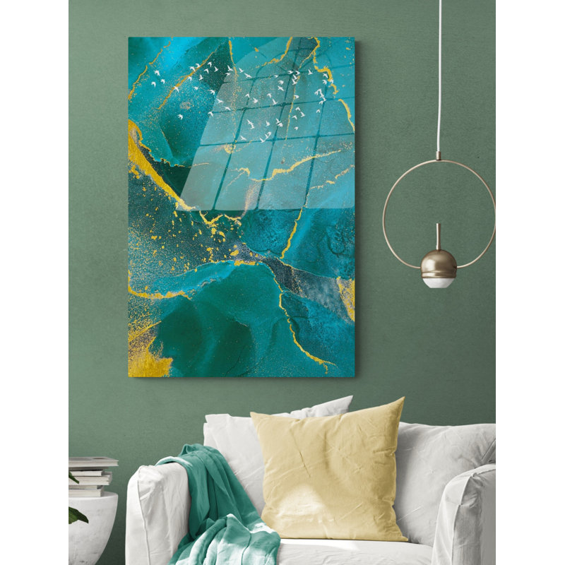 Décoration murale en verre trempé, impression de style marbré unique sur verre et doré, H 17,5 po x l 11,5 po