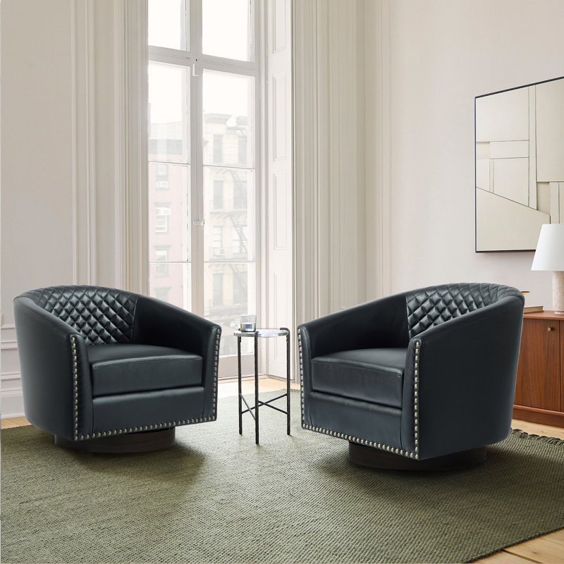 75.2Cm Wide Tufted Swivel Barrel Chair, Black Faux Leather