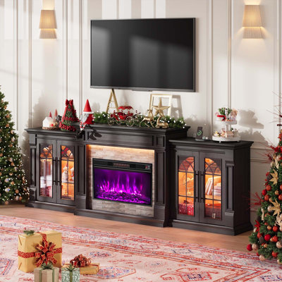 Meuble télé avec foyer électrique de 104 po pour téléviseurs de 110 po ou moins avec foyer électrique de 30 po, bandes lumineuses à DEL et station de charge, armoires de rangement avec tablettes réglables, noir