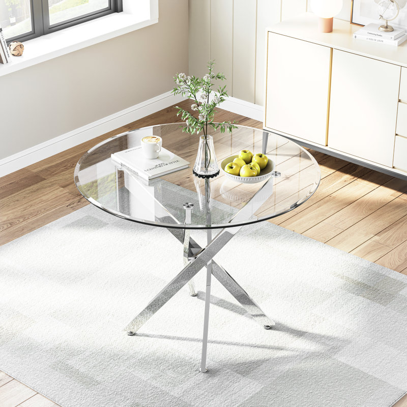 Round Glass Top Metal Base Dining Table, Silver