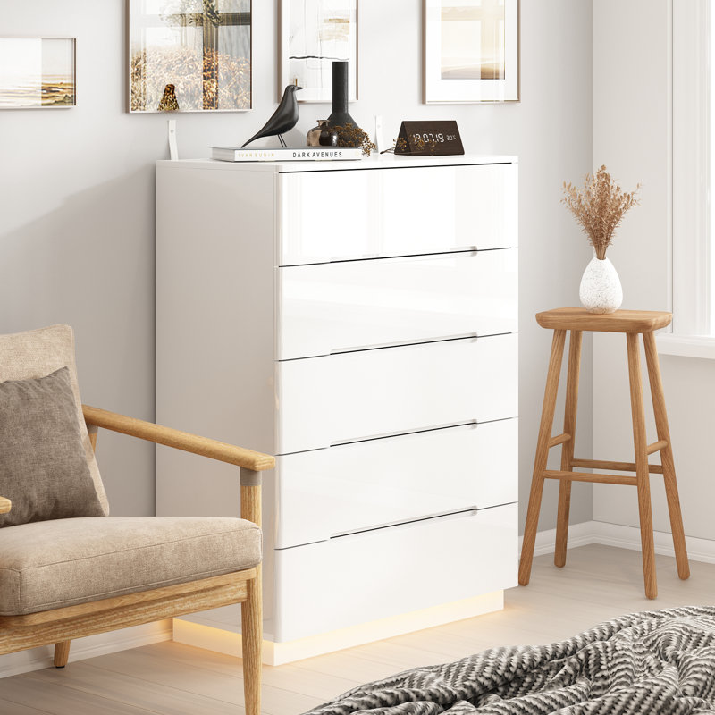 Commode 5 tiroirs Diley, Blanc