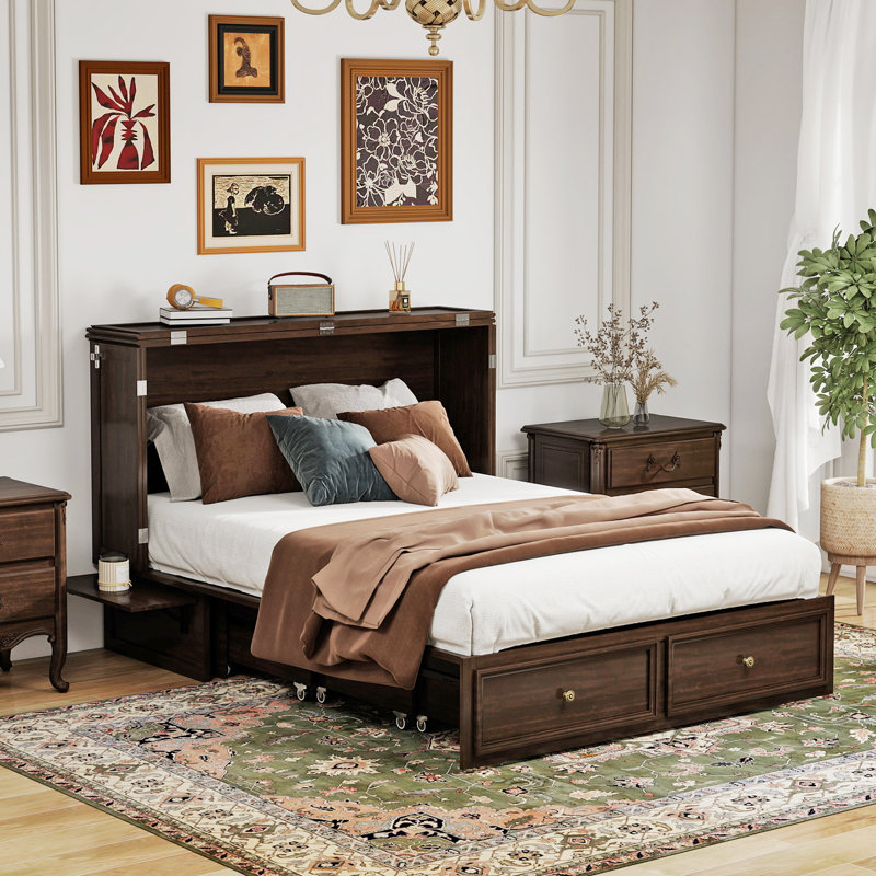 Commode 100% lit escamotable en bois massif avec tiroirs, lit escamotable double avec chargeur intégré pour la chambre à coucher (matelas inclus)