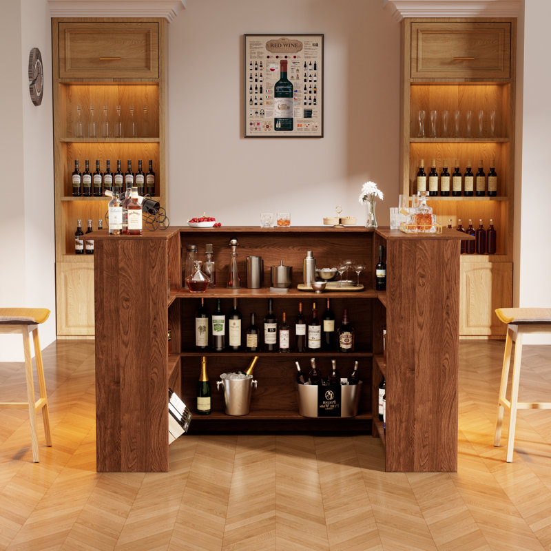 Armoire de bar Wrap Around 62 "avec lumières à DEL, rangement à 4 niveaux, support en verre et repose-pieds; support de bar en U pour pub ou sous-sol