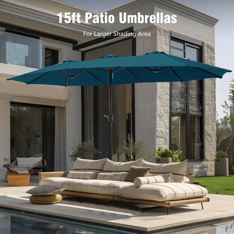 Nyasia 15 ft. x 9 ft. Rectangular Market Umbrella with Base, Cerulean, Cerulean
