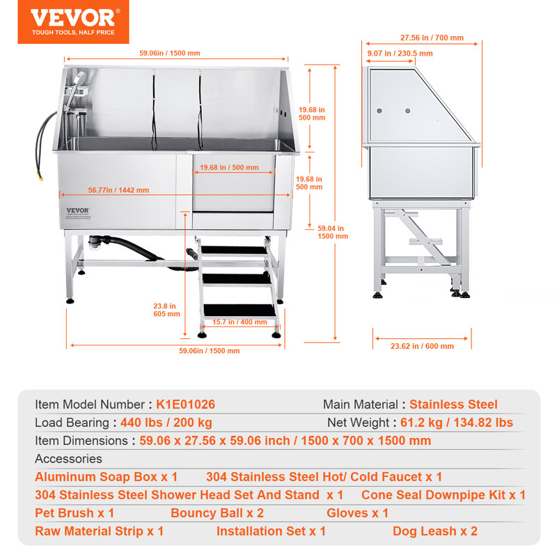 Professional Stainless Steel Pet Grooming Tub with Ramp and Faucet