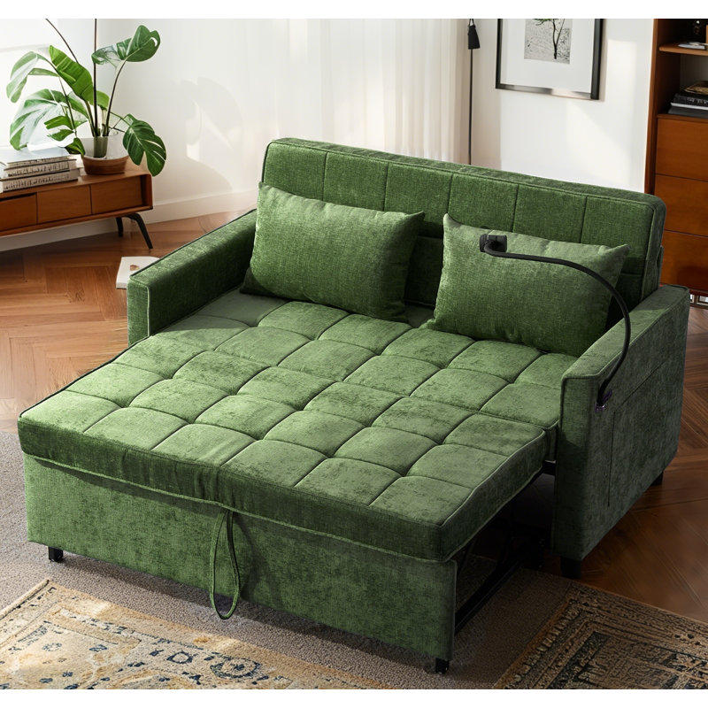 Loveseat Sofa Bed, Dual USB Ports & Phone Holder, Green