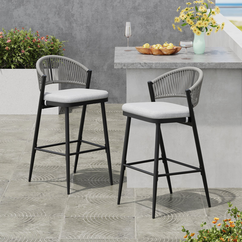Outdoor 30.25" Seat Height Metal Frame Barstools With PE Rattan Scallop-Shaped Backrest, Set Of 2, Matte Black, Light Gray