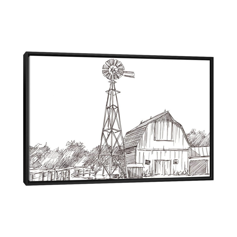 « Farm sketch II » par Ethan Harper, reproduction d’art, H 26 po x l 40 po x P 1,5 po, Toile avec cadre noir, Pas de tapis