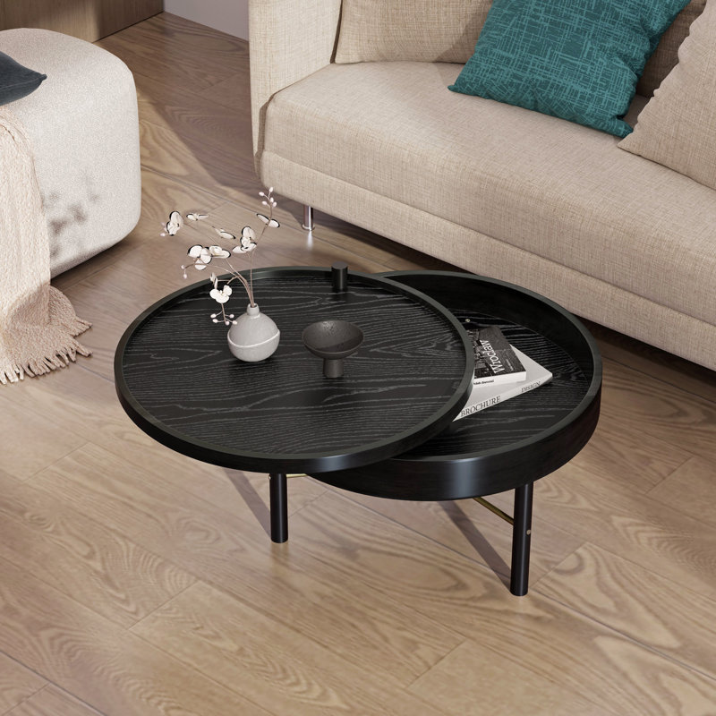 Modern Round Wood Rotating Tray Coffee Table With Storage, Black