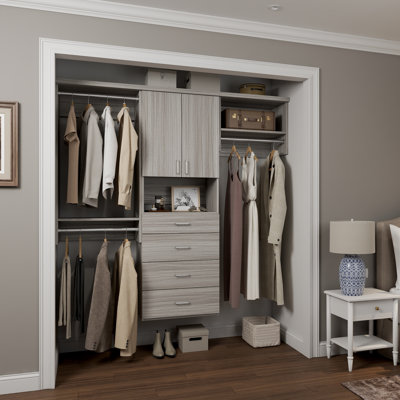 Grey Oak 106.5" Wall-Mounted Single Wall Closet System with 3 Sections, Slab Doors, 3 Clothing Rods, 5 Shelves & 4 Slab Drawers
