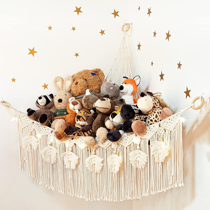 Macrame Stuffed Animal Storage With Star Light – Cream White