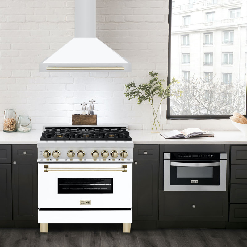 36" 400 CFM Ducted Wall Mount Range Hood, White Matte/Gold