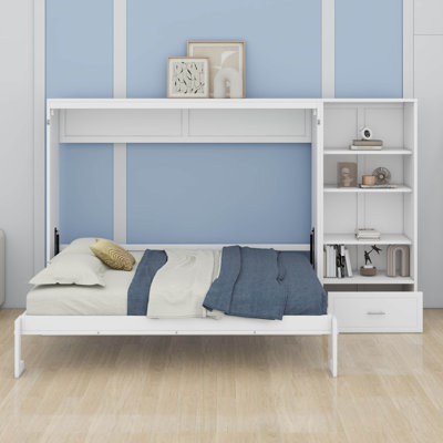 Grand lit escamotable mural avec compartiments de rangement à hauteur réglable et tablette, 1 lit plateforme et lit pliant pour chambre d'amis de petite taille