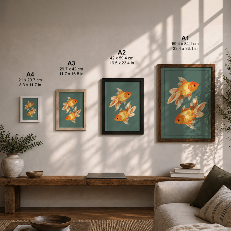 Goldfish Pair Japandi - Framed Print, Black, A3 - 42.0 x 29.7 cm
