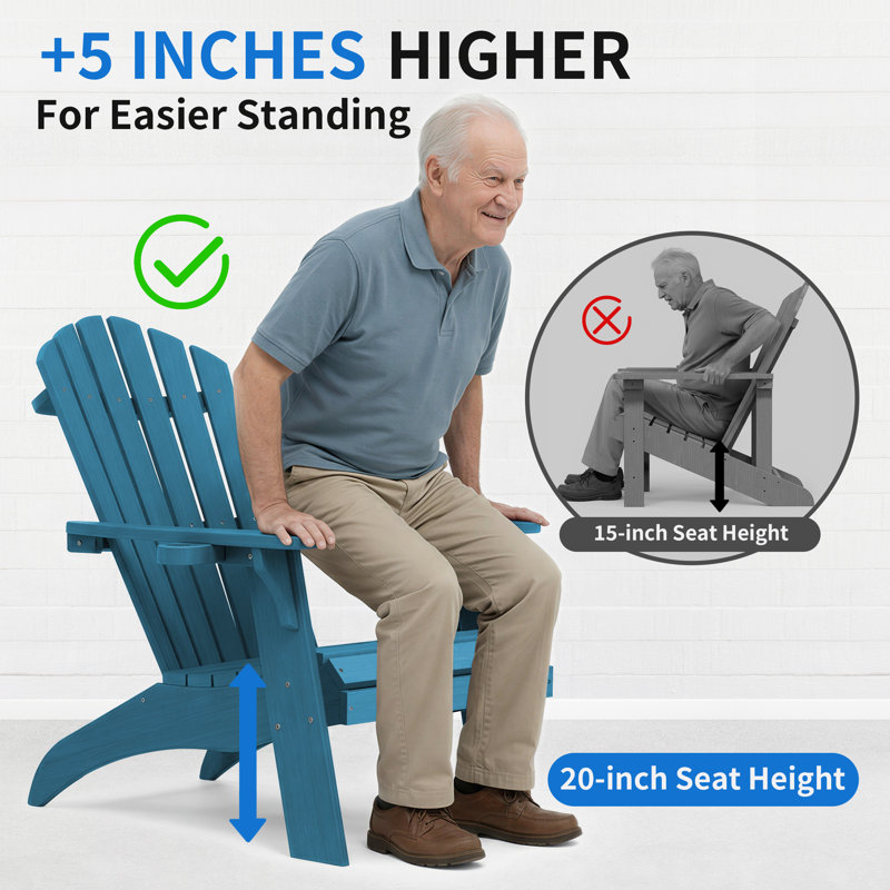 Chaise de patio Adirondack, surdimensionné pour l'extérieur 350 lb avec porte-gobelet, siège d'extérieur toutes saisons résistant aux intempéries et à la décoloration, bleu