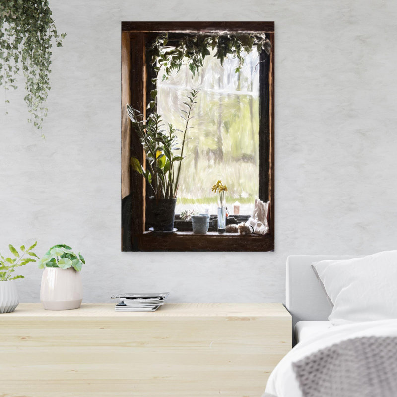 «Plants And Flowers By The Window», reproduction d'art graphique sur toile tendue 1 pièce, H 36 po x l 24 po x P 2 po