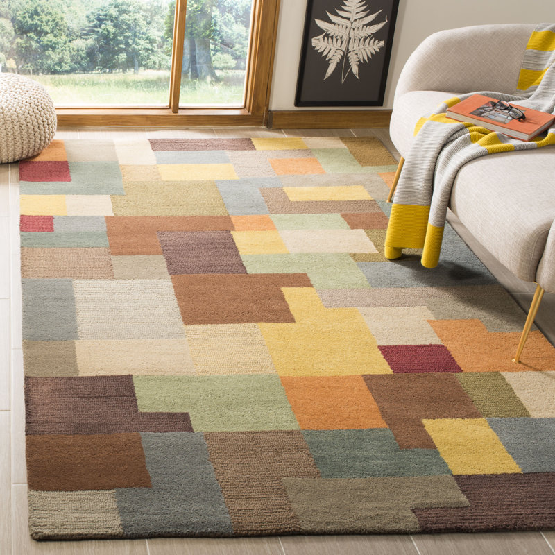 Tapis bleu / brun / beige en laine touffeté à la main Amier, Rectangle de 5 pi x 8 pi