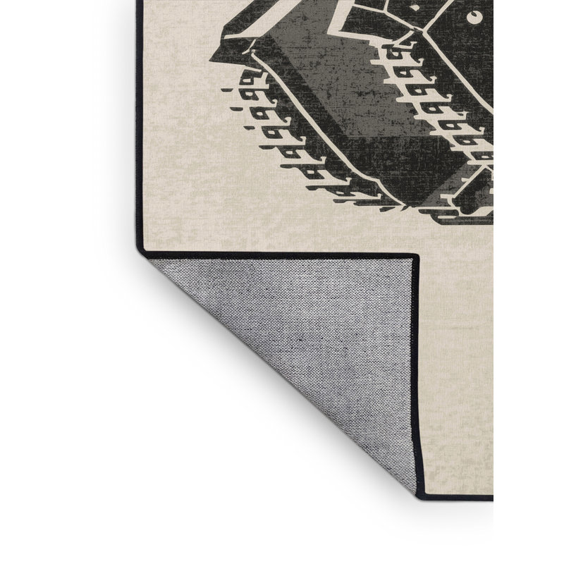 Machine Washable Vehicles And Transportation Amphibious Vehicle Industrial Block Print Rug in Beige – Black Binding, 2x3
