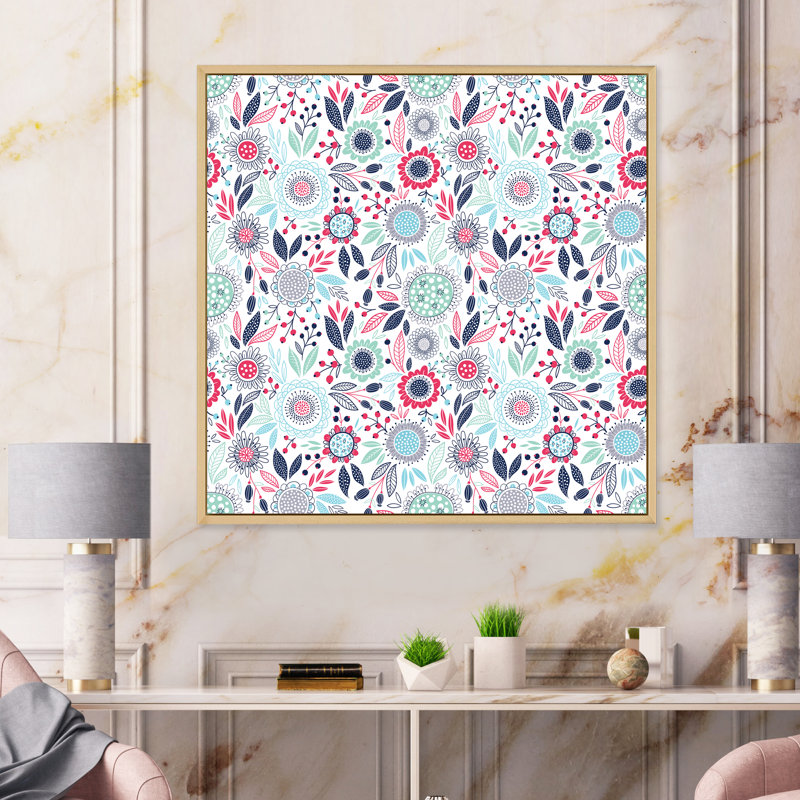 «Retro Pink and Blue Flowers», reproduction d'art sur toile à motifs, H 16 po x l 16 po, Cadre flottant en érable