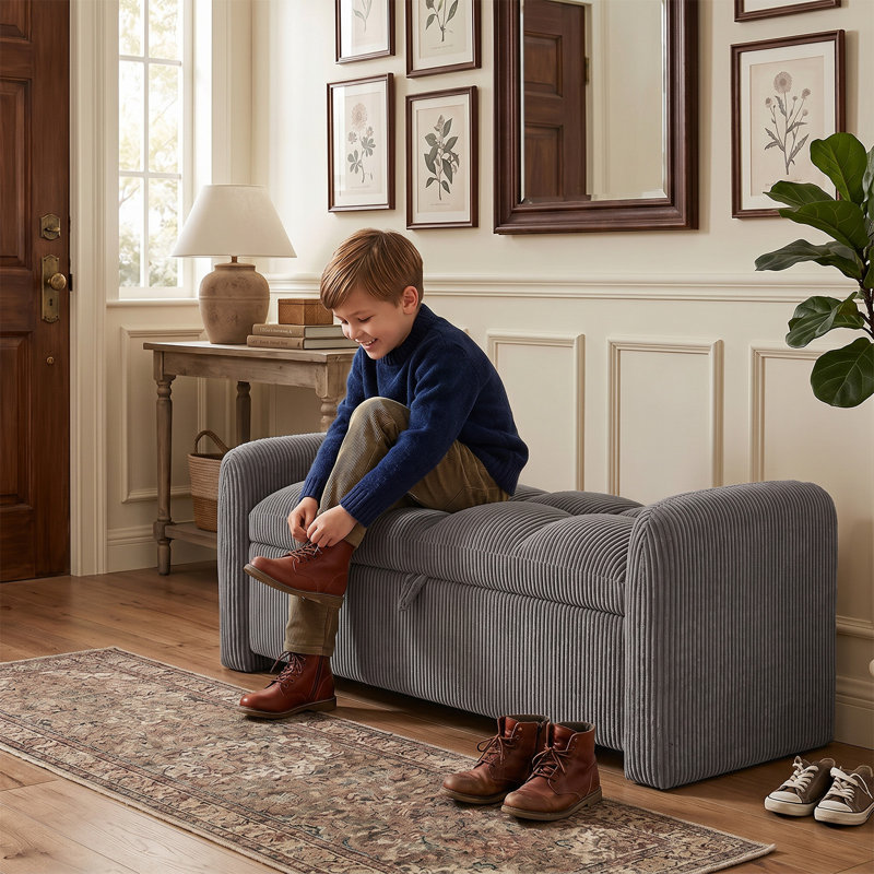 Banc de rangement en velours côtelé avec 2 coussins et dessus capitonné, Velours côtelé gris foncé