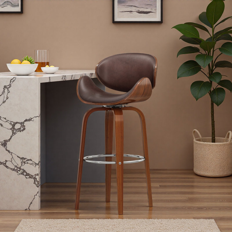 30" Mid-Century Modern Upholstered Swivel Barstool, Brown