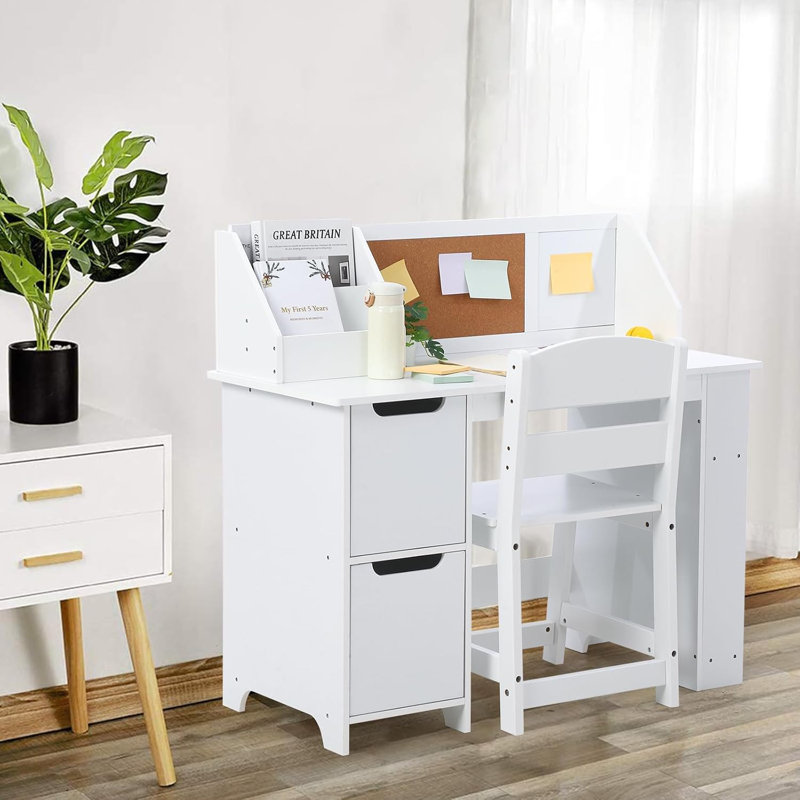 Kids Study Desk and Chair Set with Storage, Bookshelf & Bulletin Board, White