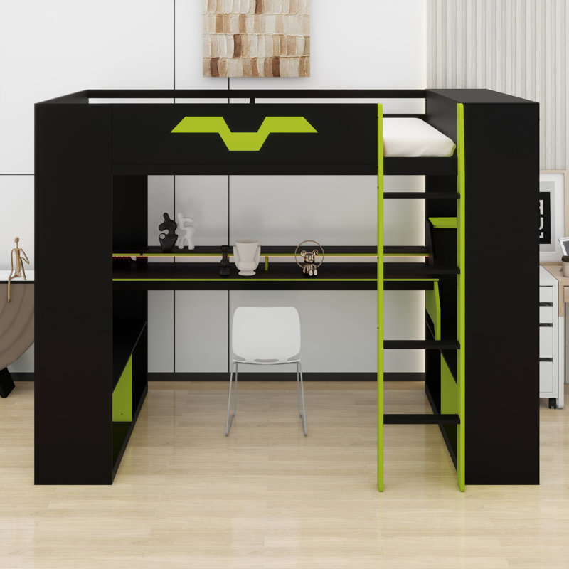 Loft Bed with Integrated Power Station, USB/Type-C Charging Ports, and Customizable RGB Lighting System, Green