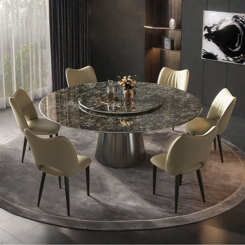 Simple Natural Marble Round Dining Table Set, 29.52"H x 51.18"L x 51.18"W, 9 Pieces: Table, 8 Chairs