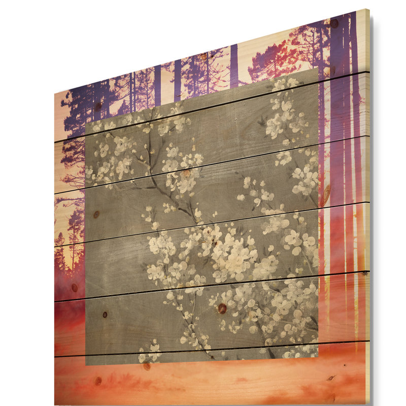 Fleurs de cerisier blanches II - impression traditionnelle sur bois de pin naturel, H 16 po x l 16 po x P 1 po