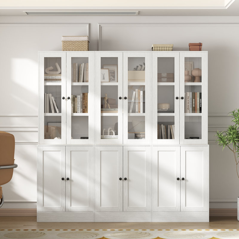 Bibliothèque de 71 po de hauteur avec portes en verre, lumières DEL et prise de courant, grande tablette de rangement pour le salon et la chambre à coucher